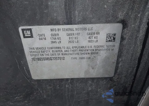 2016 Chevrolet Cruze Lt Auto from USA, damaged, VIN 1G1BE5SM5G7257012